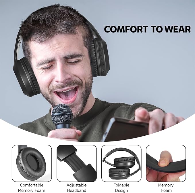 Bluetooth Headphones Over Ear, 68H Playtime and 3 EQ Music Modes Wireless Headphones with Microphone/Deep Bass, HiFi Stereo Foldable Lightweight Headset for PC Home Travel Office （Black