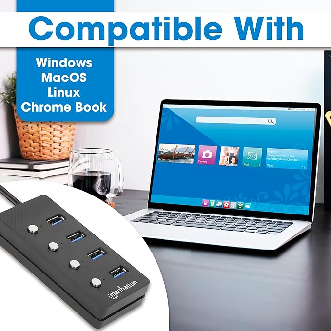 4 Port USB Extension Cable Hub with (5ft Long Cord) – USB 3.2 Powered USB Splitter On/Off Switches – USB Extender/Multiport Adapter for Desktop Computer, Laptop, PC Accessories