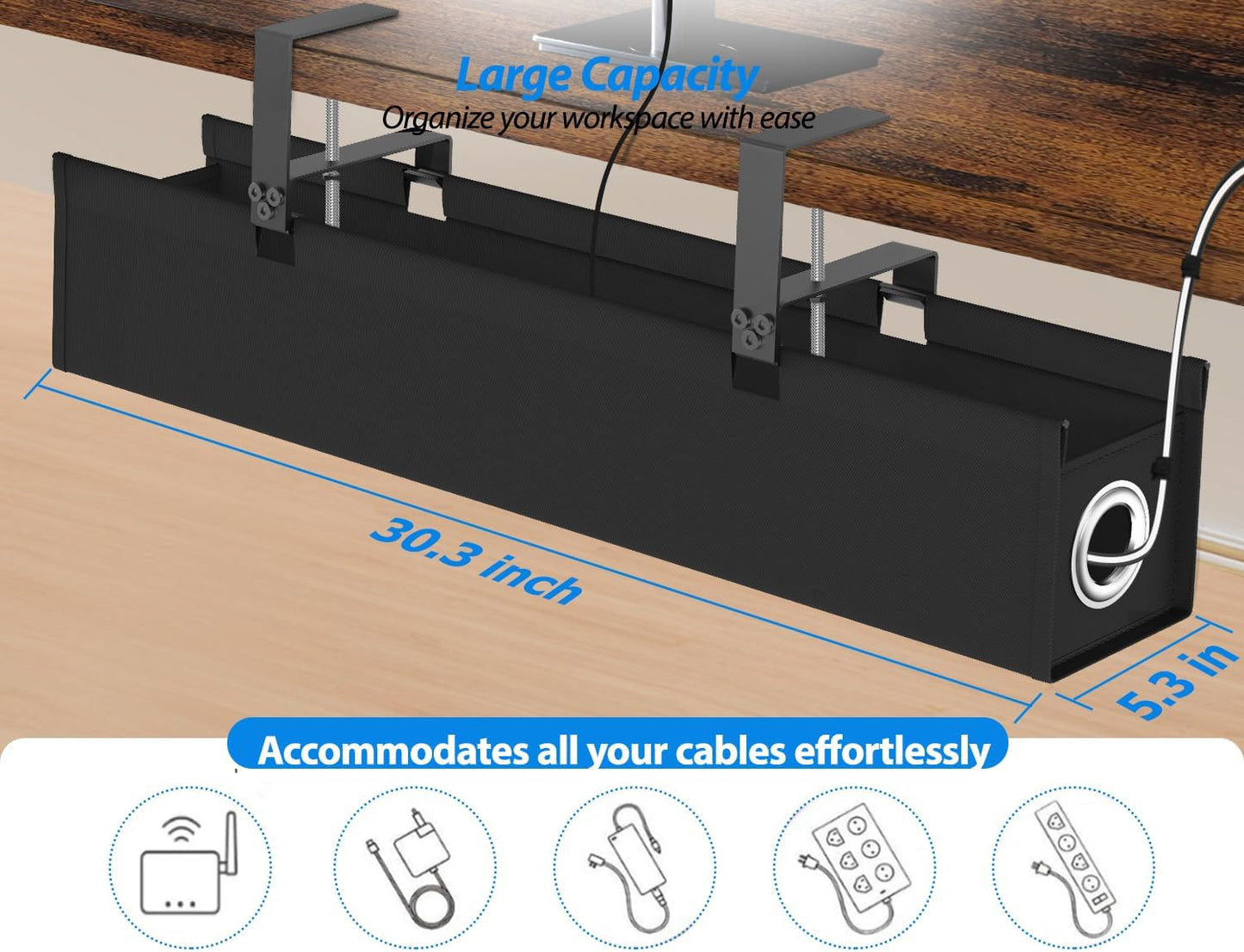 Under Desk Cable Management Tray, Premium Oxford Fabric Desk Cable Organizer with No-Drill Installation, Large Capacity Clamp/Screw Mount Wire Management Tray for Home Office Study
