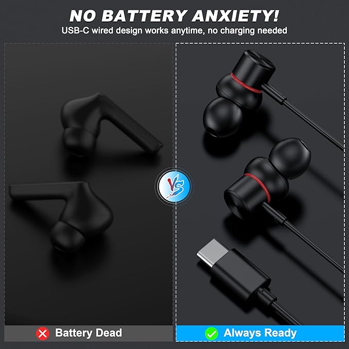 USB C Wired Headphones,【Active Noise Cancelling & One-Click ANC Toggle Button】 Ear Buds for iPhone 16 15 Pro Max USBC Earphones,Hi-Res Sound Type C Earbuds Compatible with iPhone/Android/Galaxy/iPad