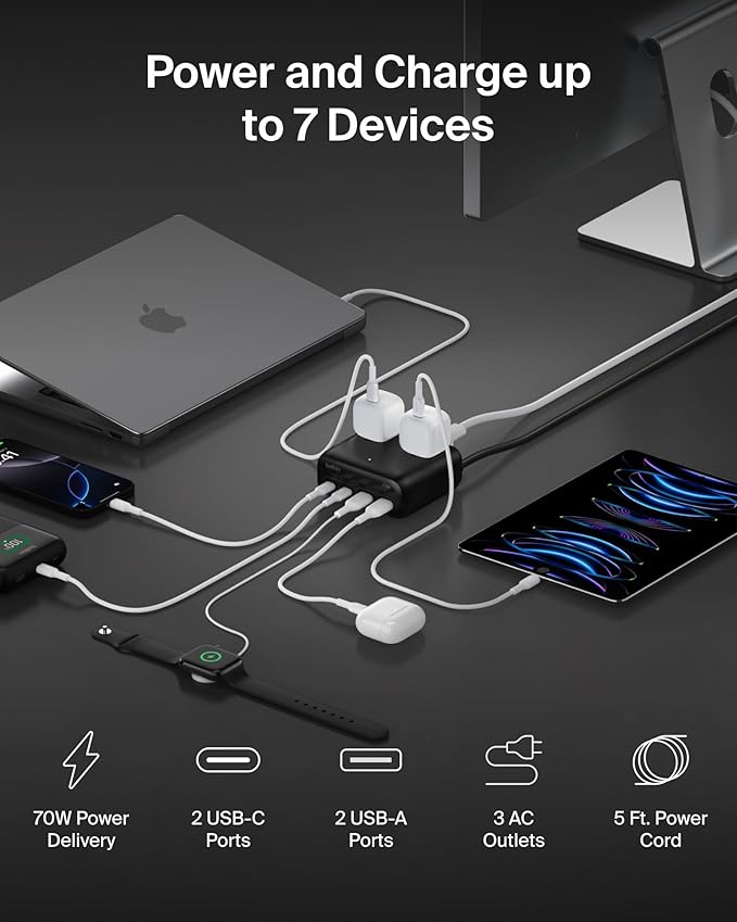 Belkin GaN Charging Station 70W, 7-in-1 Dual USB C Charger w/ 3X AC Outlets, 2X USB A Ports - Power Strip for iPhone, Apple Watch, iPad, MacBook, Chromebook, Samsung Galaxy, Pixel 10, & More - Black
