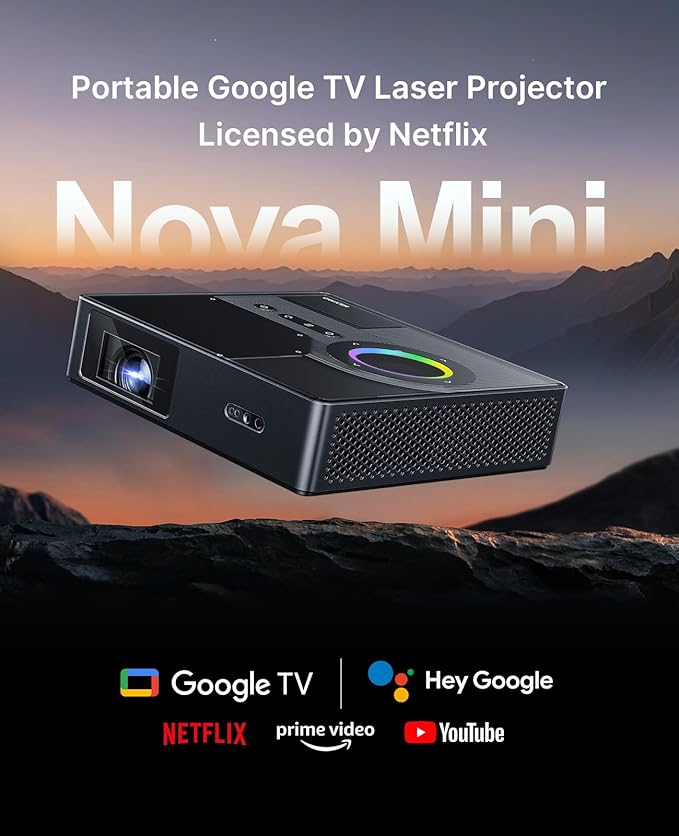 NexiGo Nova Mini, Portable Laser Projector, Google TV w/Netflix, 1080p FHD, 1200 Lumens, 15000:1 Contrast w/SAE, 3D, Auto Setup, 150" Display, 8W Dolby Audio, Portable for Home & Outdoor