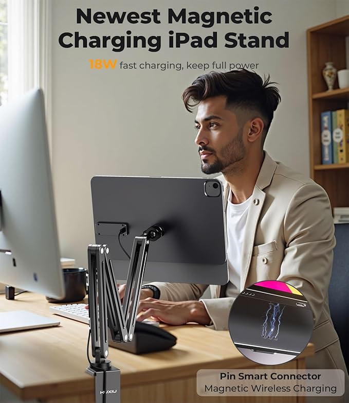 Magnetic Wireless Charging Stand for iPad Pro 12.9, iPad Air 13 M2, Foldable Adjustable Arm Mount with 2M Cable, Aluminum Alloy Tablet Holder for iPad Pro 12.9 3rd/4th/5th/6th