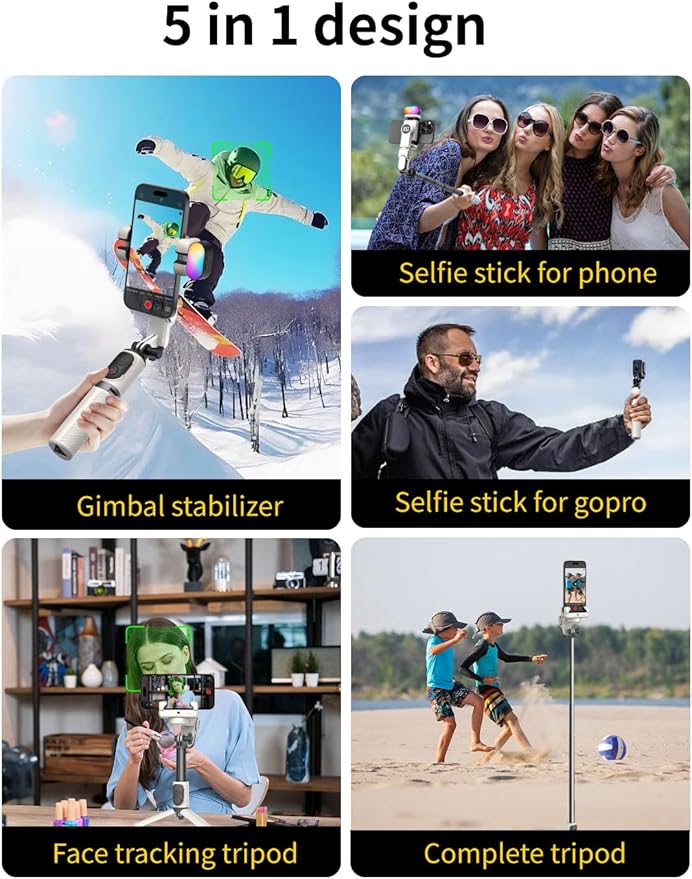 Gimbal Stabilizer for iPhone, Sefie Stick Tripod with Auto Face Tracking for TIK Tok YouTube Video Recording, 4 in 1 Gimbal Stabilizer with 360° Rotation for iPhone/Andriod -M1 Pro White