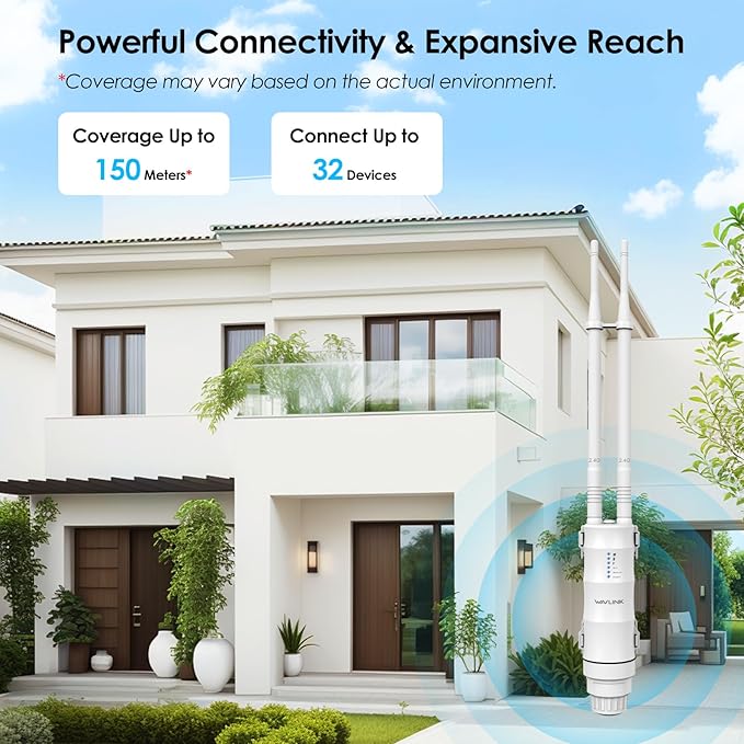 N300 Outdoor WiFi Extender Signal Booster, WAVLINK Access Point/Repeater/Range Extender with Passive PoE, 15KV ESD, 4KV Lightning Protection, Support AP/Repeater/Router Mode for Farm,Yard