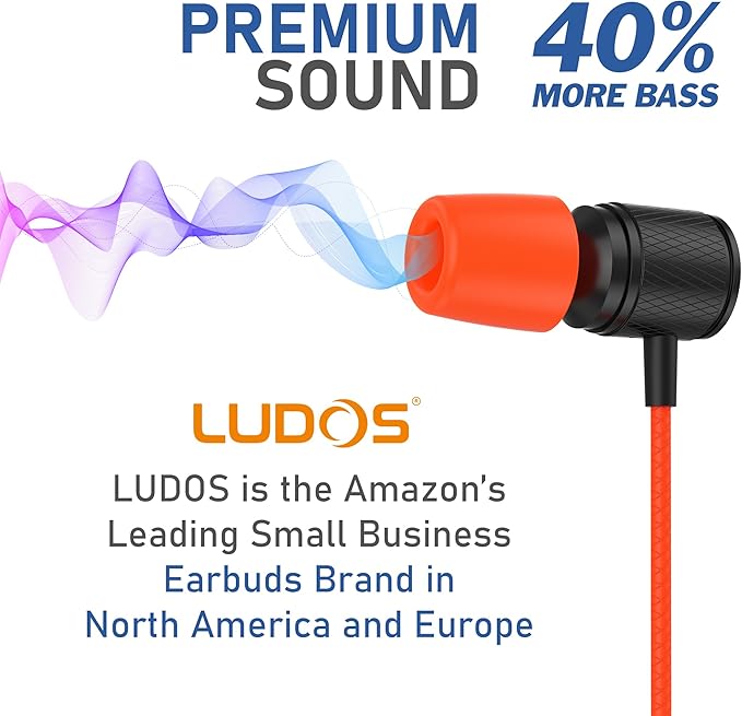 LUDOS Ultra Wired Earbuds in-Ear Headphones, 5 Years Warranty, Earphones with Microphone, Noise Isolating Ear Buds, Memory Foam for iPhone, Samsung, School Students, Kids, Women, Small Ears - Coral