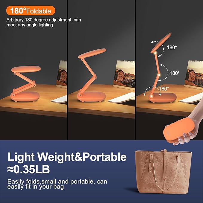 LED Desk Lamp for Office Home & Battery Operated Lamp Rechargeable Lamp Foldable & Portable Light, [2-Fold Bracket] 3 Brightness Dimmable Small Desk Lamp Wireless Reading Lamp (Orange)