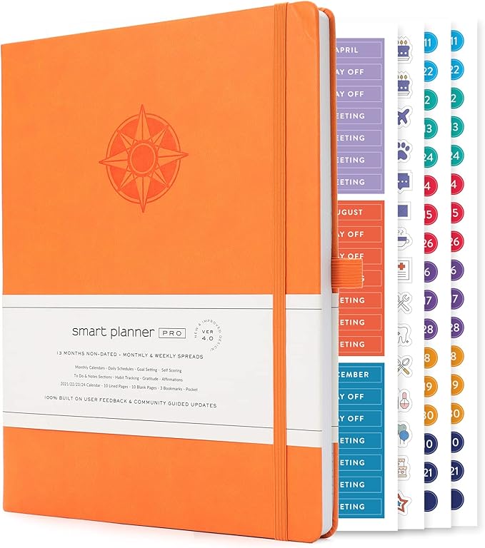 Smart Planner Pro – Undated Daily Planner – Large A4 – Achieve Goals & Increase Productivity with Weekly, Monthly, Work Sections - Organizer Diary with Back Pocket, 3 Satin Bookmarks & Pen Holder