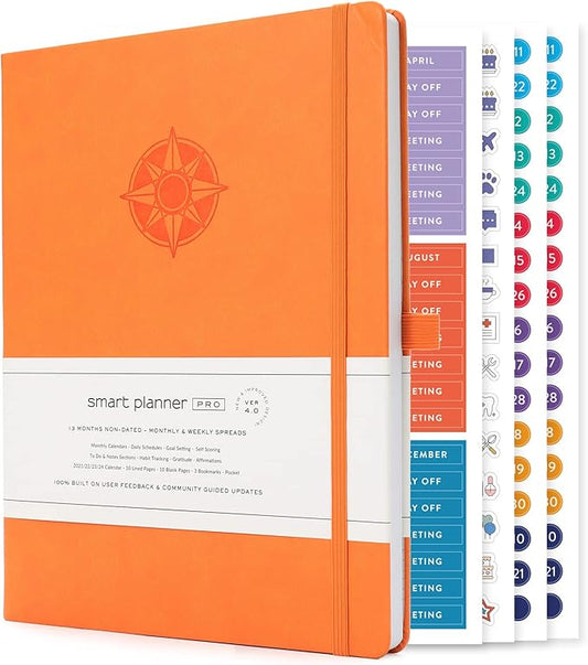 Smart Planner Pro – Undated Daily Planner – Large A4 – Achieve Goals & Increase Productivity with Weekly, Monthly, Work Sections - Organizer Diary with Back Pocket, 3 Satin Bookmarks & Pen Holder