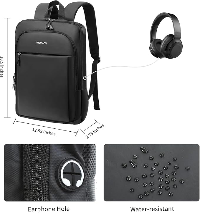MOSISO Laptop Backpack for Men, Slim Lightweight Compact Computer Backpack for College Work Business Office Travel, 17.3 inch Waterproof Commute Laptop Bag Casual Daypack with Luggage Strap, Black