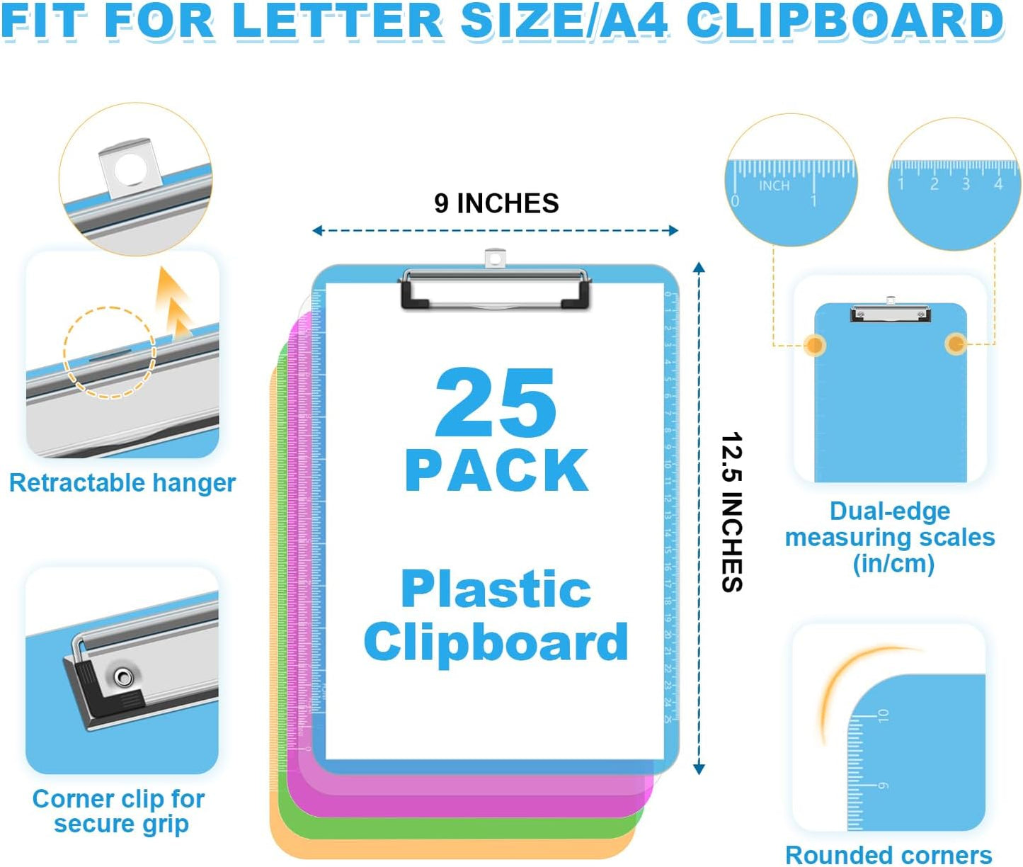 TOTiyea Clipboard Set of 25, 12.5 x 9 Inch Multi Color, Plastic Clipboard with Low Profile Clip, 75 Sheets Capacity, Standard Letter Size