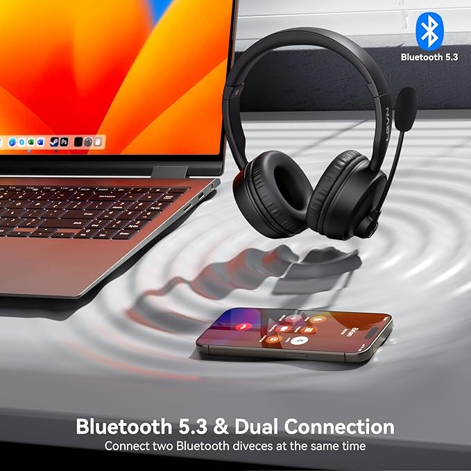 LEVN Bluetooth Headset with Microphone, 60 Hrs Working Time Dual Connection Bluetooth Headphones with Mic, Wireless Headset with Mic for Work/Video Meetings/Phone/Call Center/PC/Music/Zoom/Teams