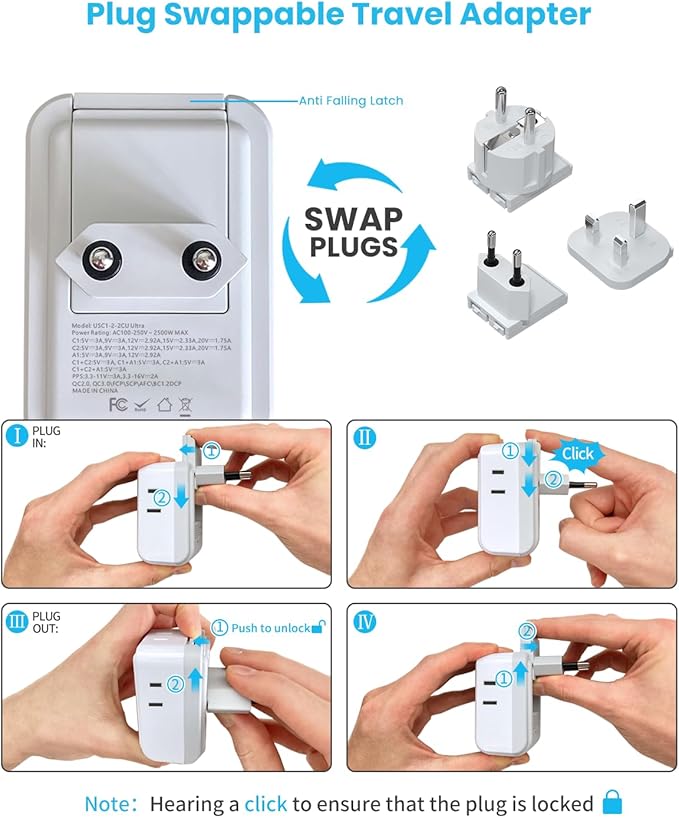 European Travel Plug Adapter Kit, VINTAR PD 35W International Power Adapter with 3 USB Ports (2 USB C) and 4 AC Outlets, Type C,G,E/F Detachable Attachments, Adapters for Europe and UK France Italy