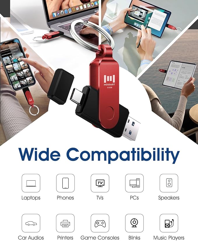 MOSDART 512GB USB3.1 Fast Speed C and A Dual Flash Drive, exFAT Memory Stick with Keychain and LED Indicator, for iPhone 15 and 16, Android Phone, iPad, MacBook, and Other Laptops, Red