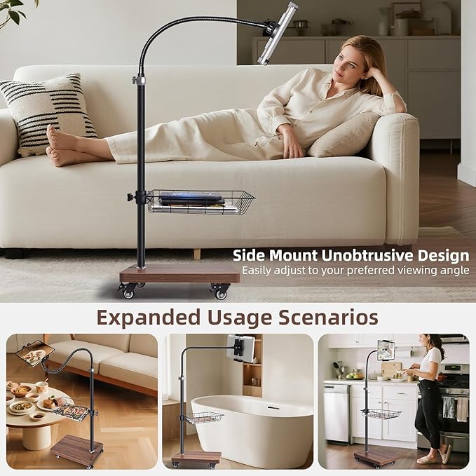 Adjustable Floor Tablet Stand with Rolling Base, Flexible Gooseneck Mount, Wood Platform, Mobile Device Holder for Indoor Use