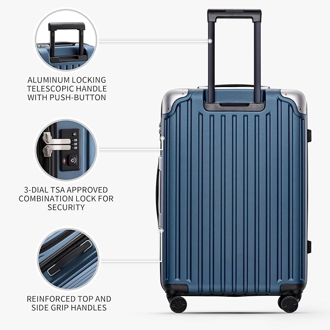 LEVEL8 Grace Luggage Sets Hardshell Suitcase with Wheels, Sturdy Large Suitcase Tsa Lock 20 Inch Expandable Carry on 24 Inch 28 Inch Checked Luggage, 3-Piece Set (20/24/28), Blue