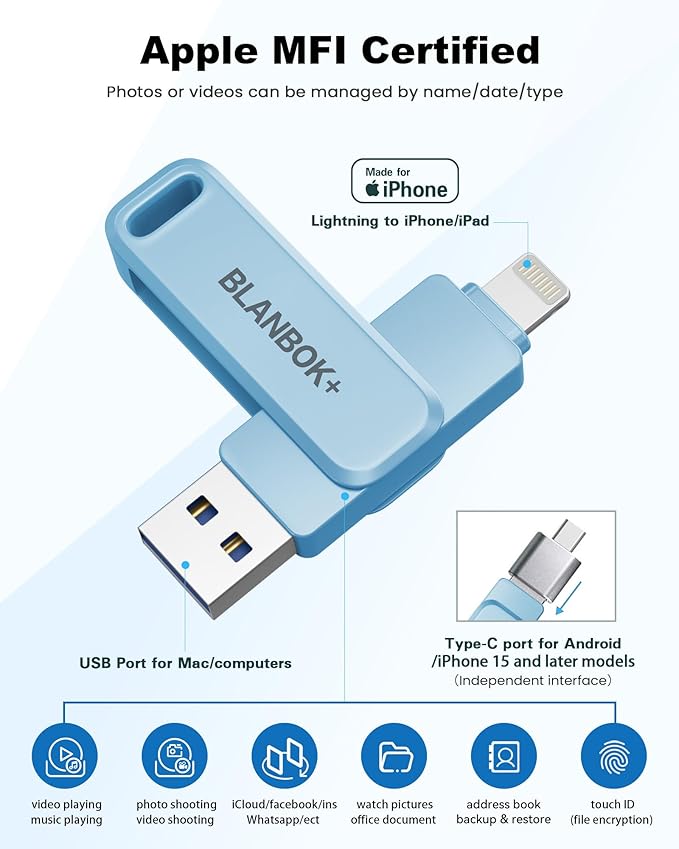 MFi Certified 512GB Flash Drive for iPhone Photo Stick, USB Memory Stick iPhone Flash Drive for Photos Videos, High Speed External Storage USB Stick Thumb Drive for iPhone/iPad/Android/PC(Sky Blue)