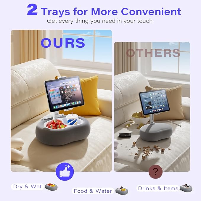 Kindle Tablet Pillow Stand with Detachable Trays Fit iPad Tablet Stand Holder for Bed Fit 4''-13'' Phone/Kindle with Case Reading Accessories Gift Soft Plus Fabric, Gray