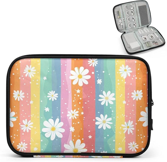 Rainbow Daisies Electronics Travel Organizer Case, Tech Accessories Cable Storage Bag for Cords, Charger, Phone, Hard Drive
