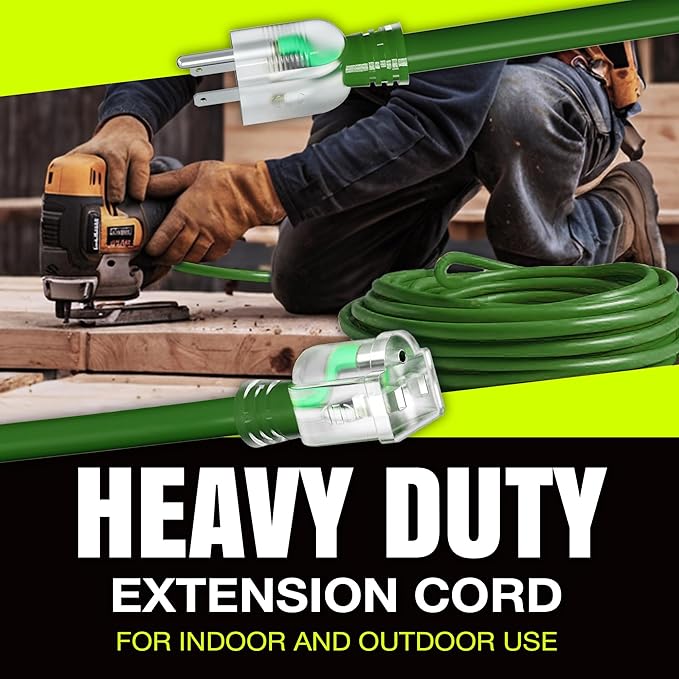 25ft Outdoor/Indoor Extension Cord 10/3 Gauge Ultra Heavy Duty 3 Prong SJTW, Waterproof, Flexible Cold-Resistant Long Power Cord,15A 125V 1875W, Green by LifeSupplyUSA