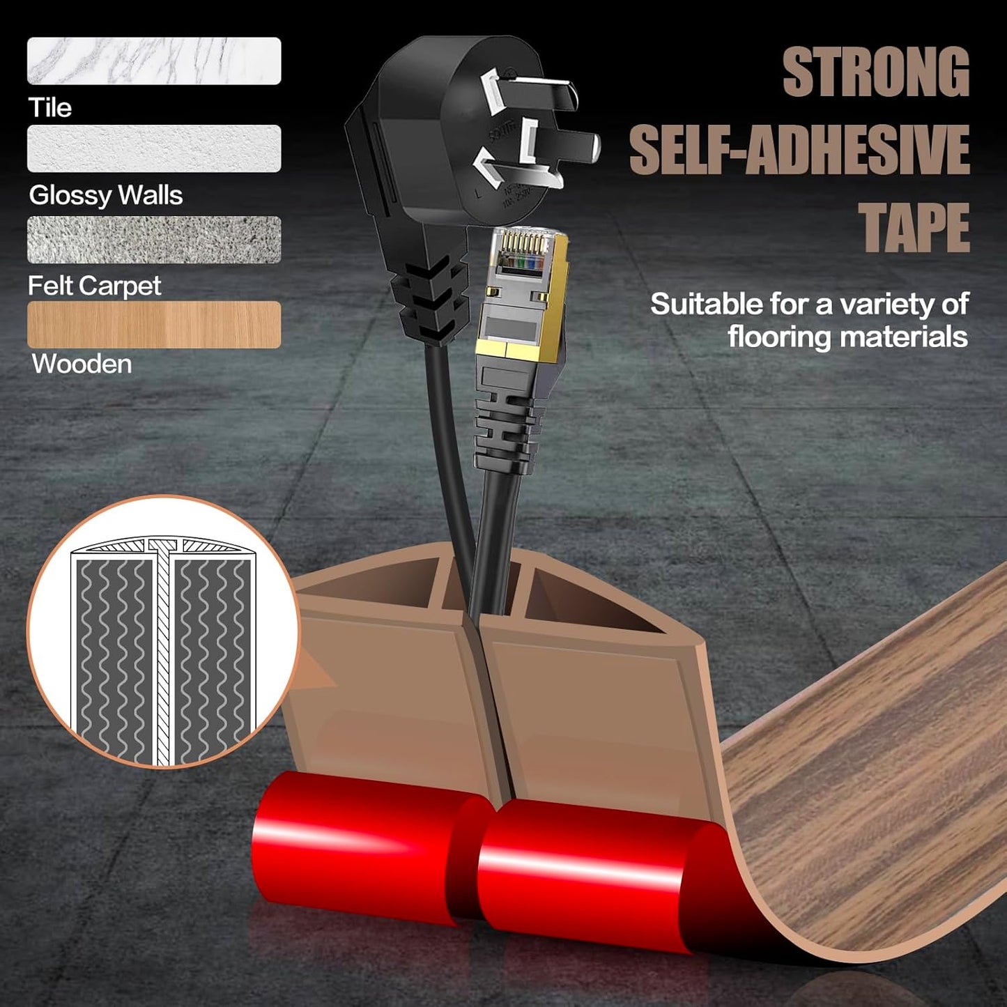 Floor Cord Cover Self Adhesive Cord Hider,3.3FT Cable Management, Extension Strip Protector for Wires, Prevent Cable Trips for Offices, Gyms, Exhibitions Cavity:0.3"(W) x0.28(H) Woodsmokedbrown