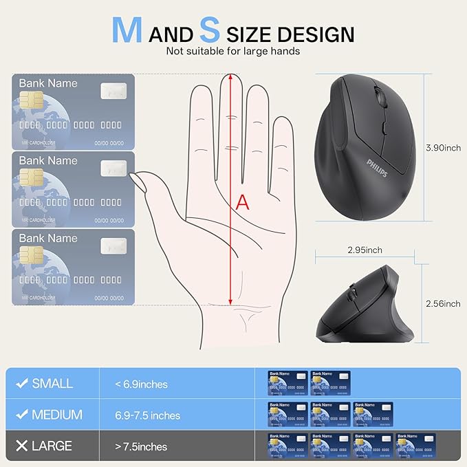 PHILIPS Ergonomic Mouse - Vertical Mouse with 800/1200/1600 Adjustable DPI, 6 Silent Buttons Design for S/M Hands, Auto Power Saving,Light Weight, 2.4GHz Wireless Mouse for Laptop, Desktop, PC-Black