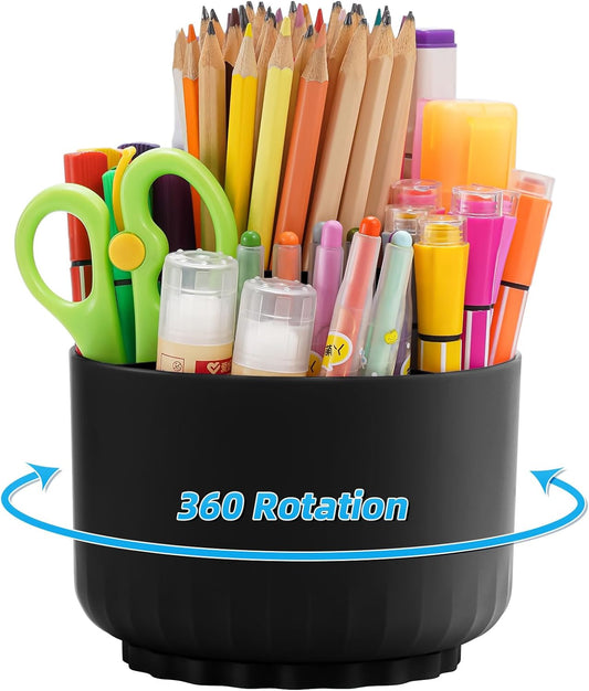 Marbrasse Desk Organizer, 360-Degree Rotating Pen Pencil Holder, Desk Organizers and Accessories with 5 Compartments Pencil Organizer, Art Supply Storage Box Caddy for Office, Home (Black)