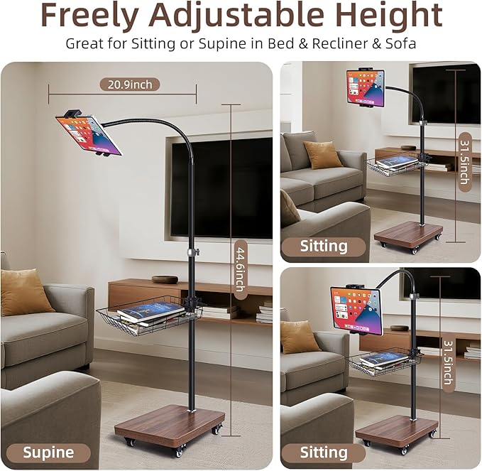 Adjustable Floor Tablet Stand with Rolling Base, Flexible Gooseneck Mount, Wood Platform, Mobile Device Holder for Indoor Use