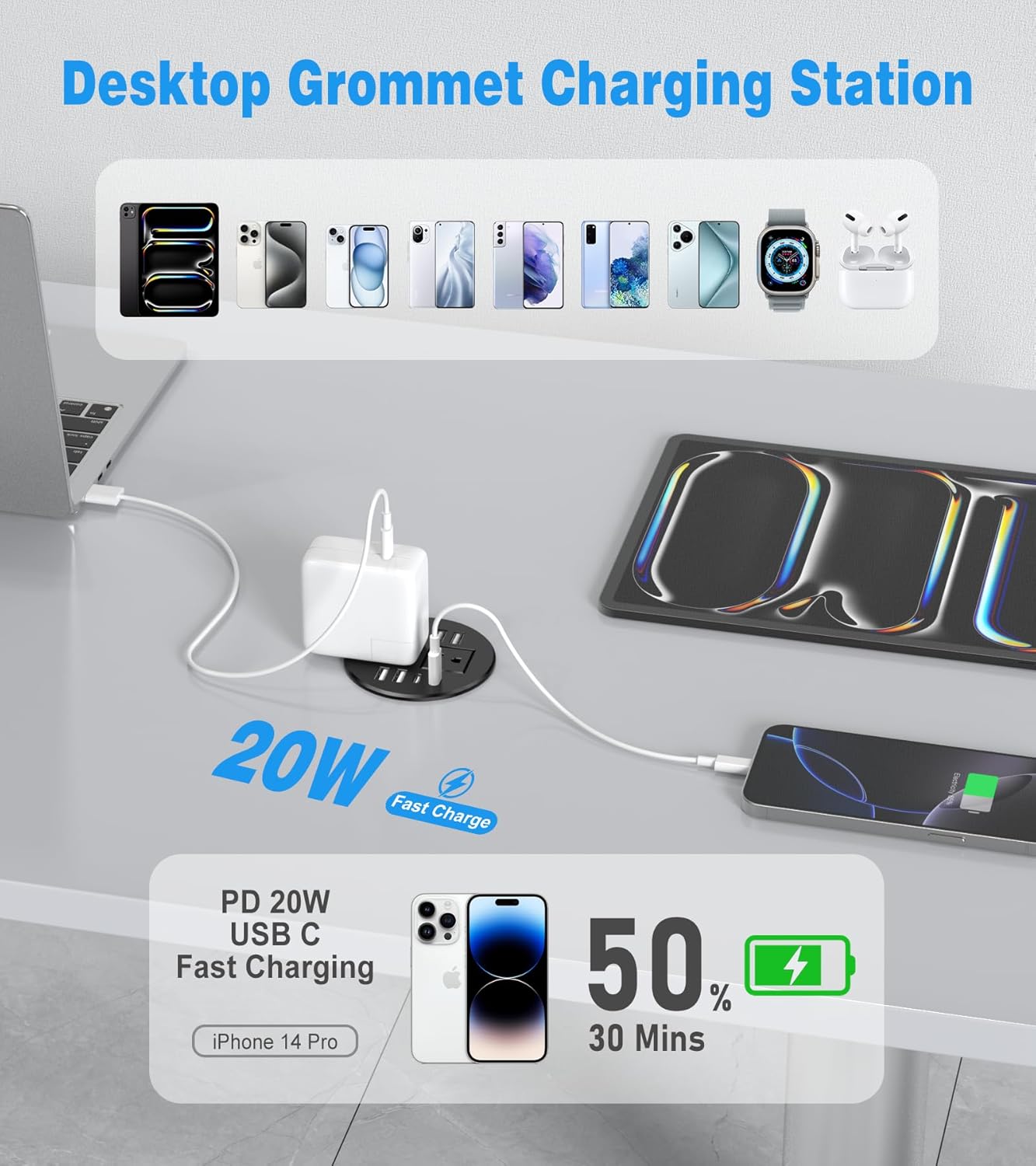 40W Recessed Power Grommet Outlet, 3.15 inch Desk Grommet Power Outlet with 8 USB Ports for Conference Rooms, Office Tables, Furniture, 6FT Cord