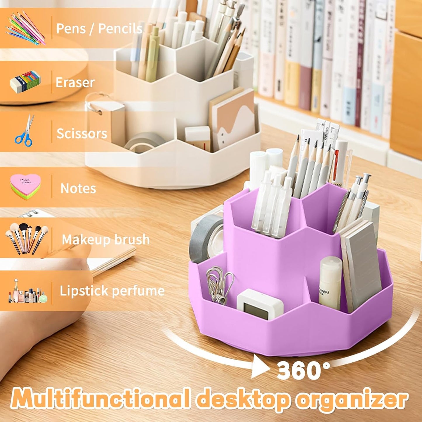 Pencil Pen Holder for Desk,9 Slots 360 Degree Rotating Desk Organizers,Desktop Storage Stationery Supplies Organizer, Cute Pencil Cup Pot For Office, School, Home(Purple)