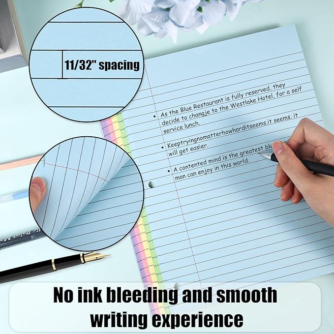 Koogel Wide Ruled Loose Leaf Paper, 8 x 10.5 Inch Filler Notebook Lined Paper, 5 Color, 3 Hole Punch Lined Writing Notebook for 3 Ring Binders for College Essentials School Office Supplies, 300 Sheets