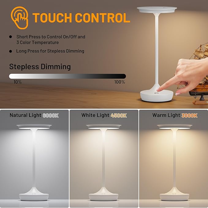 LED Rechargeable Cordless Table Lamps, Portable Outdoor Battery Operated Table Light 3 Color Stepless Dimming Table Lamp with Memory Function for Patio Restaurant Dining Room White