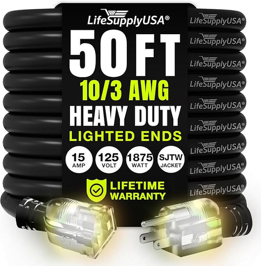 50ft Outdoor/Indoor Extension Cord 10/3 Gauge Ultra Heavy Duty 3 Prong SJTW, Waterproof, Flexible Cold-Resistant Long Power Cord,15A 125V 1875W, Black by LifeSupplyUSA