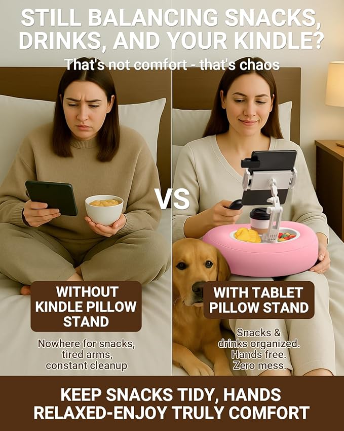 Kindle Pillow Stand for Bed, Adjustable Tablet & Phone Holder for iPad, Kindle, Couch – Snack & Drink Holders, 50 Disposable Liners & Washable Pillow Cover(Pink)