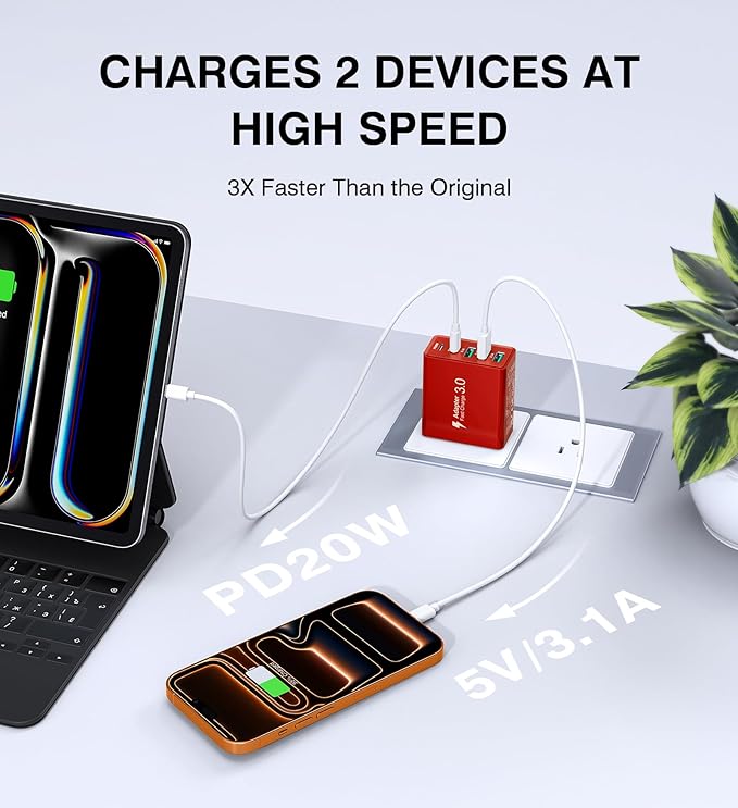 USB C Wall Charger Block, 2Pack 50W USB C Charger 5-Port PD Fast Charging Blocks,QC 3.0 USB A Multiport Plug,Type C Power Adapter Brick Cube for iPhone 17/16/15/14/13/Pro,Samsung,for Switch/Pixel（Red）