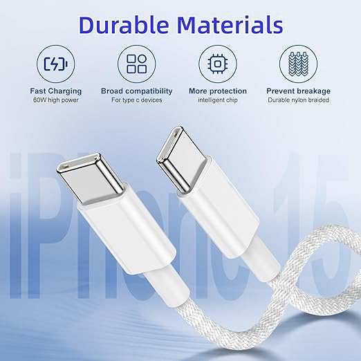 2-Pack Grey 10FT 60W USB C to USB C Cable, Type C Fast Charging Cable for iPhone Air 17 16e 16 15 Pro Plus Pro Max，for Galaxy S25/S24, for iPad Pro/Air/mini, for MacBook Pro/Air and More