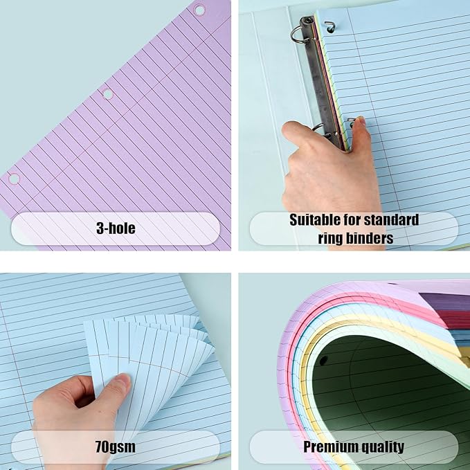 Koogel Wide Ruled Loose Leaf Paper, 8 x 10.5 Inch Filler Notebook Lined Paper, 5 Color, 3 Hole Punch Lined Writing Notebook for 3 Ring Binders for College Essentials School Office Supplies, 300 Sheets