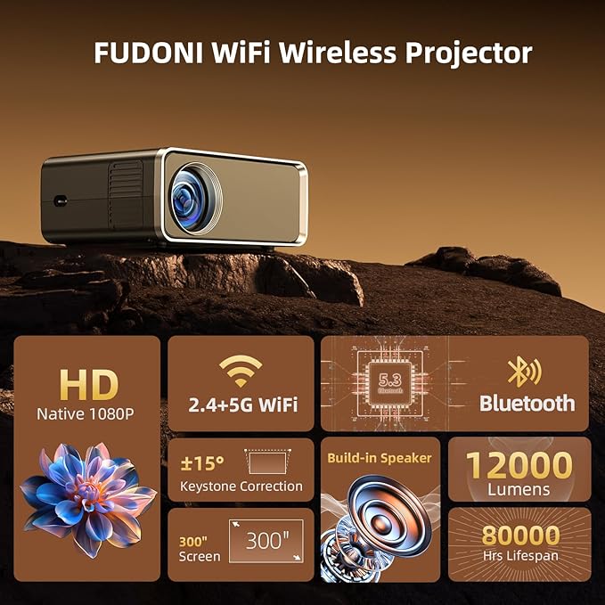FUDONI Projector with WiFi and Bluetooth 4K Supported, Upgraded Outdoor Movie Projectors Native 1080P FHD, Video Proyector for Home Theater, Compatible w/HDMI/USB/iOS/Android/Windows/TV Stick