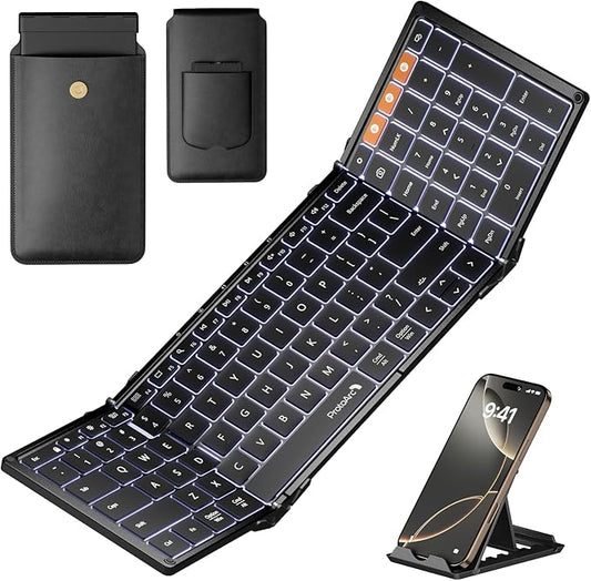 ProtoArc Backlit Foldable Keyboard, XK01 Plus Folding Portable Bluetooth Keyboard for Travel, True Full Size External Wireless Keyboards with Backlight for iPad Tablet Smartphone Laptop - Black