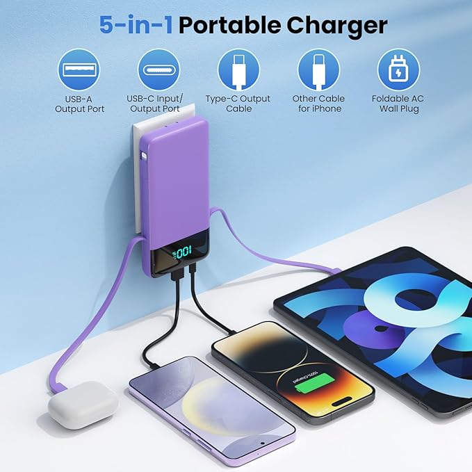 Portable Charger Power Bank with Built in Cables and Wall Plug,13800mAh Portable Battery Pack Fast Charging Compact LED Display Phone Charger Compatible with iPhone 16/15,Galaxy S23,Tablets etc