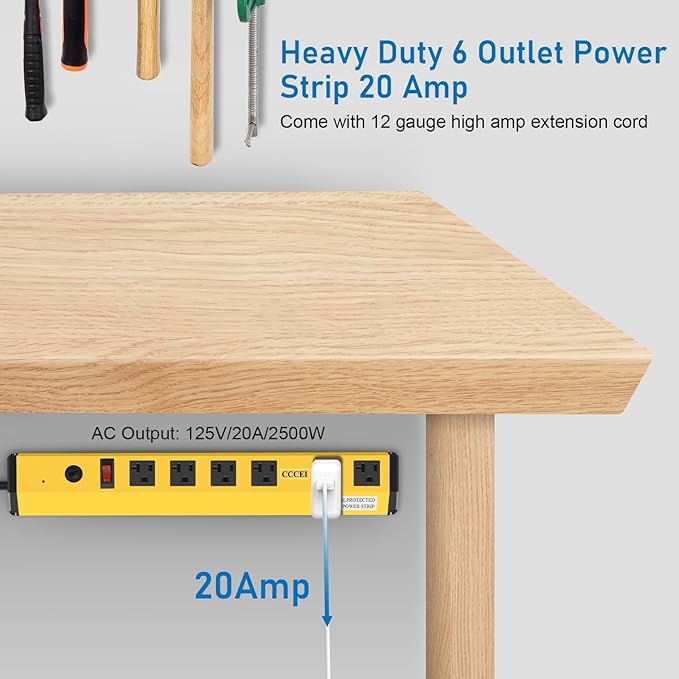 CCCEI Heavy Duty Power Strip Surge Protector 20 Amp, High Amp Industrial Shop Garage Metal Multiple Outlets, 6 FT 12 Gauge 5-15P Extension Cord 6 Outlet 6-20R T-Slot 20a for Appliance, Yellow.