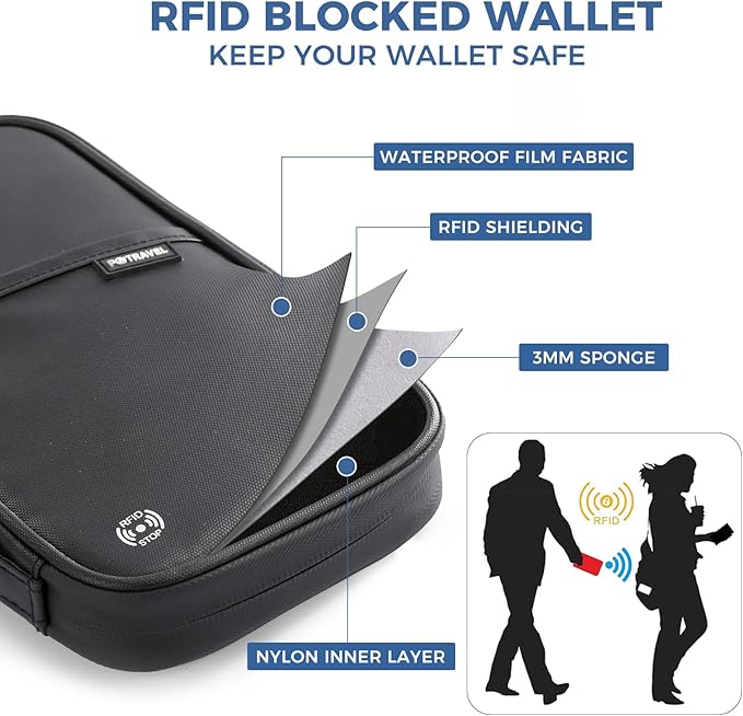 Travel Passport Holder, Large Family Passport Walle for Men Women RFID Passport Cover Lightweight Portable Document Organizer with Wrist Strap (Black)