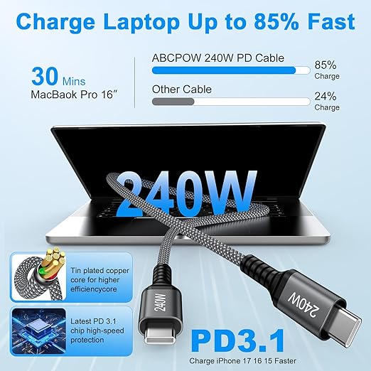 USB C to USB C Cable for iPhone 17 Air 16 Pro Max, 240W Fast Charging Type C iPhone 17 Charger Cord USBC Phone Charger Cable 6FT 2 Pack for iPhone 17 Pro Max 17 Pro 16 16e 15 Laptops MacBook iPad