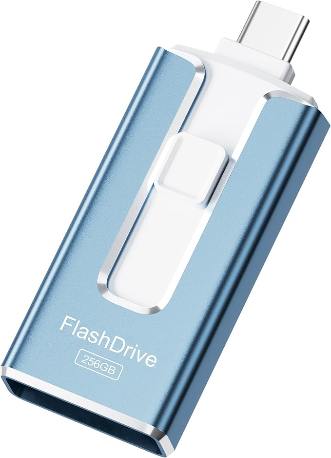 MFi Certified Flash Drive for iPhone 256GB, 3 in 1 Type-C USB Memory Stick Thumb Drive for Photos Videos, High Speed External Memory Storage Photo Stick for iPhone iPad Android PC (Sky Blue)