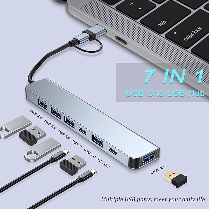 VIENON Aluminum USB C & USB Hub 7-in-1 with USB 3.0, USB-C Ports for PC/Laptops/MacBook Pro/Air/iMac/iPad and More Devices