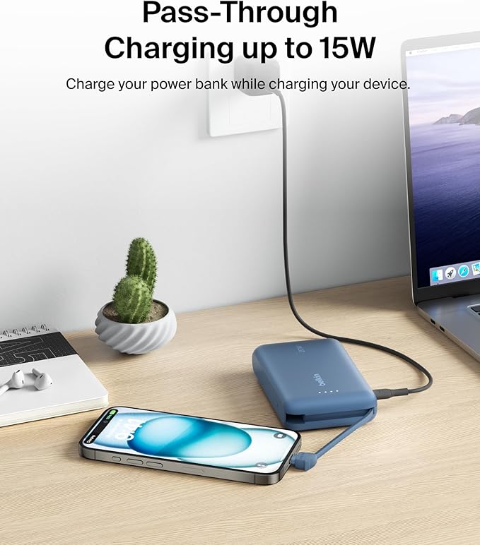 Belkin Portable Charger, Portable Power Bank with Integrated Cable 10000 mAh 20W - Fast Charge USB C Power Delivery, iPhone Charger - iPhone 17, Air, Pro, Pro Max, iPad, Galaxy S25, & More - Blue