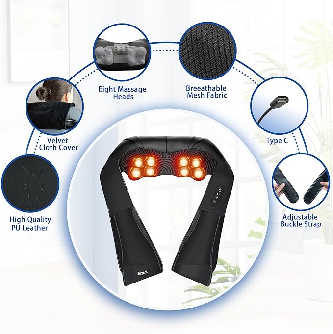 Joyset Cordless Neck Massager Shiatsu Neck and Back Massager with Heating Free Easy to Wash Cloth Cover for Shoulder Massage