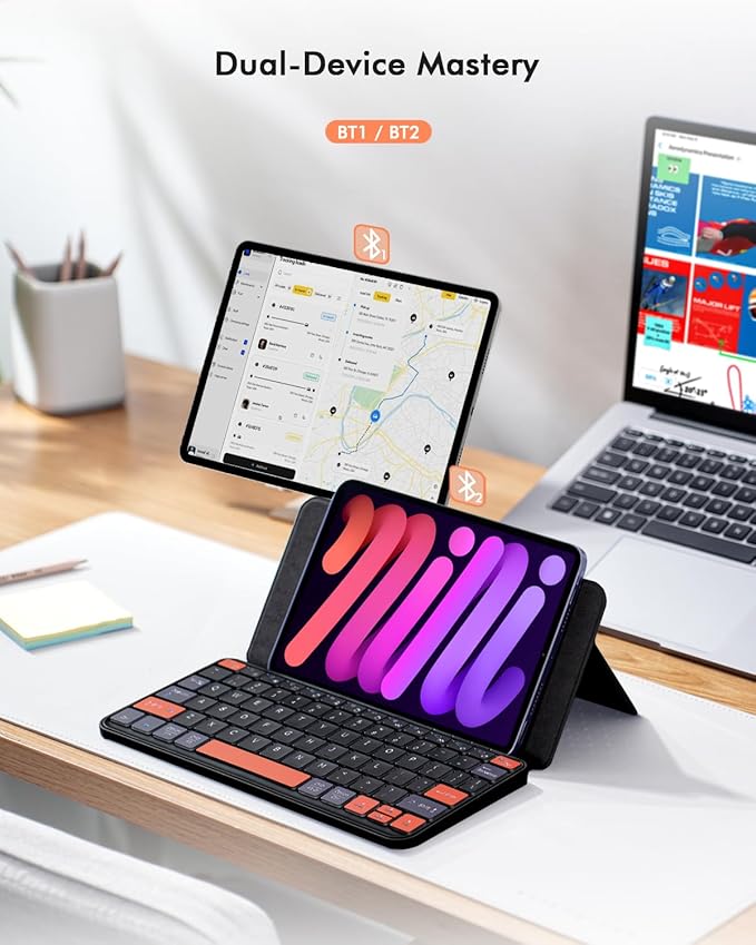 Universal Travel Keyboard Plus, New Dual Bluetooth Portable Keypad with 7-Color Backlit & Any-Angle Stand, Wireless Tablet Keyboard for iPad/Z Fold/Galaxy Tabs/Phones, Keypad for iOS/Android/Windows