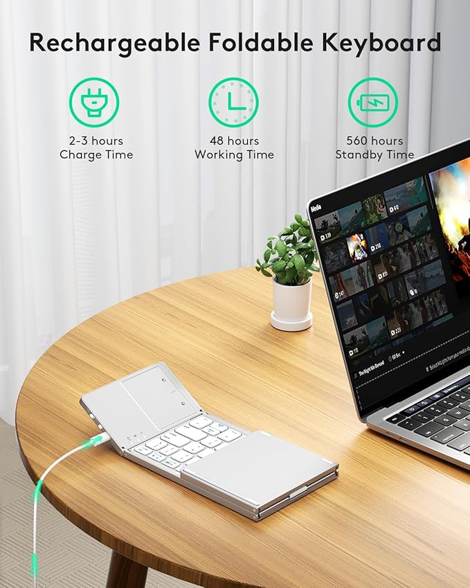 Samsers Multi-Device Foldable Bluetooth Keyboard with Touchpad, Rechargeable Dual-Mode(2.4G+BTx2) Wireless Keyboard with Holder, Portable Folding Keyboards for Android Windows iOS Mac OS - Silver