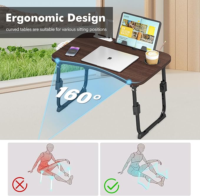 Lap Desk for Bed Adjustable Height, Foldable Bed Table with Storage Drawer, Tablet Slot & Cup Holder, Portable Laptop Stand for Bed & Sofa, Bed Desk for Adults & Kids, Walnut